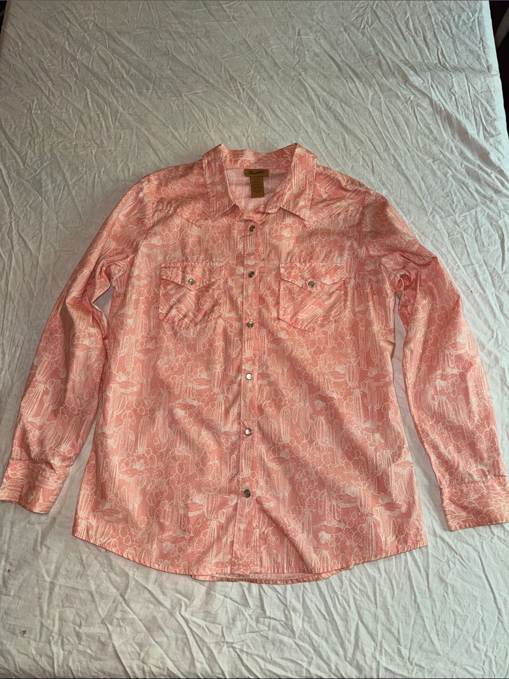 Wrangler Pink Cactus Print Pearl Snap Western Shirt L Cotton Long Sleeve